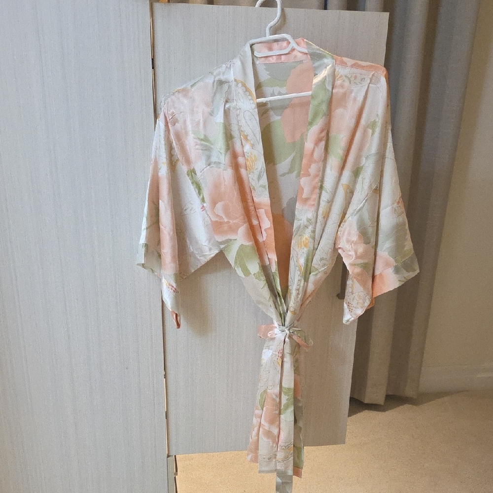 Floral Satin Tie-Front Kimono Robe - Peach & Sage